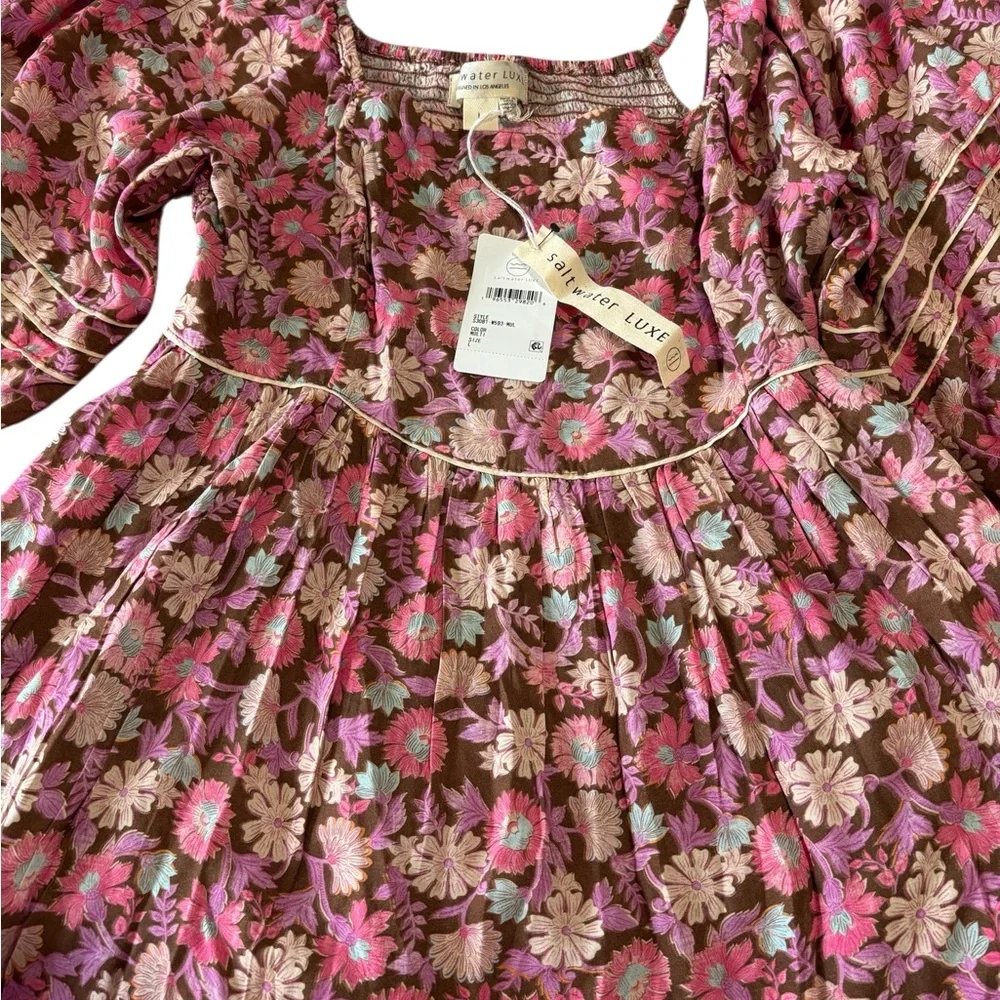 NWT Saltwater LUXE Floral Boho Mini Dress Size L Smocked Back Pockets Lined - Picture 7 of 15